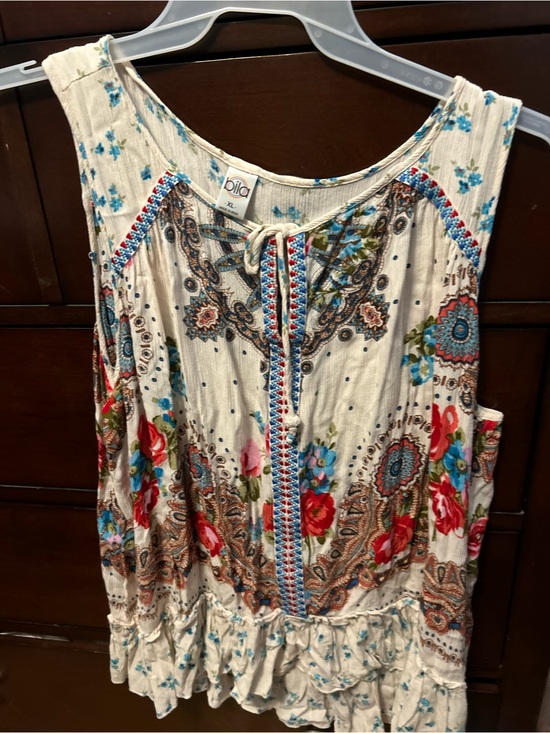Bila Tops - Bila Cream Floral Embroidered Sleeveless Boho Top with Red & Blue Accents